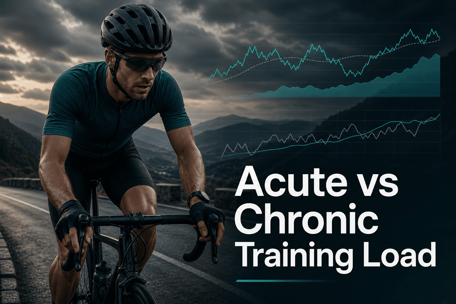 Cyclist riding through mountains with the article title Acute vs Chronic Training Load overlaid.