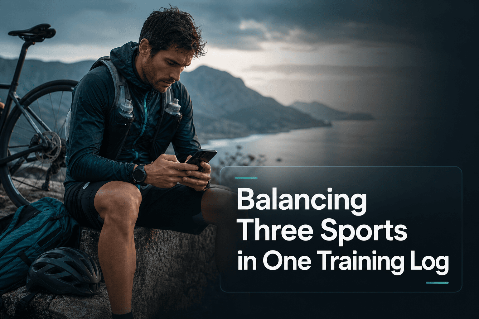 Triathlete reviewing training data beside a bicycle with the title Balancing Three Sports in One Training Log.