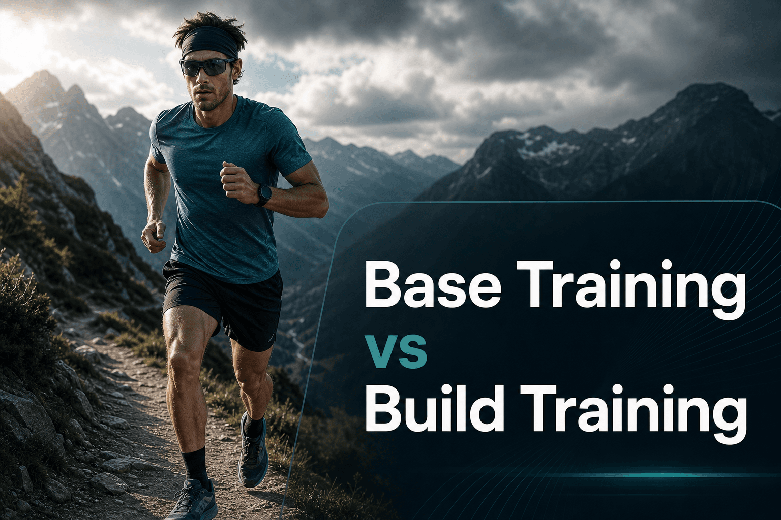 Runner on a mountain trail with the article title Base Training vs Build Training overlaid.