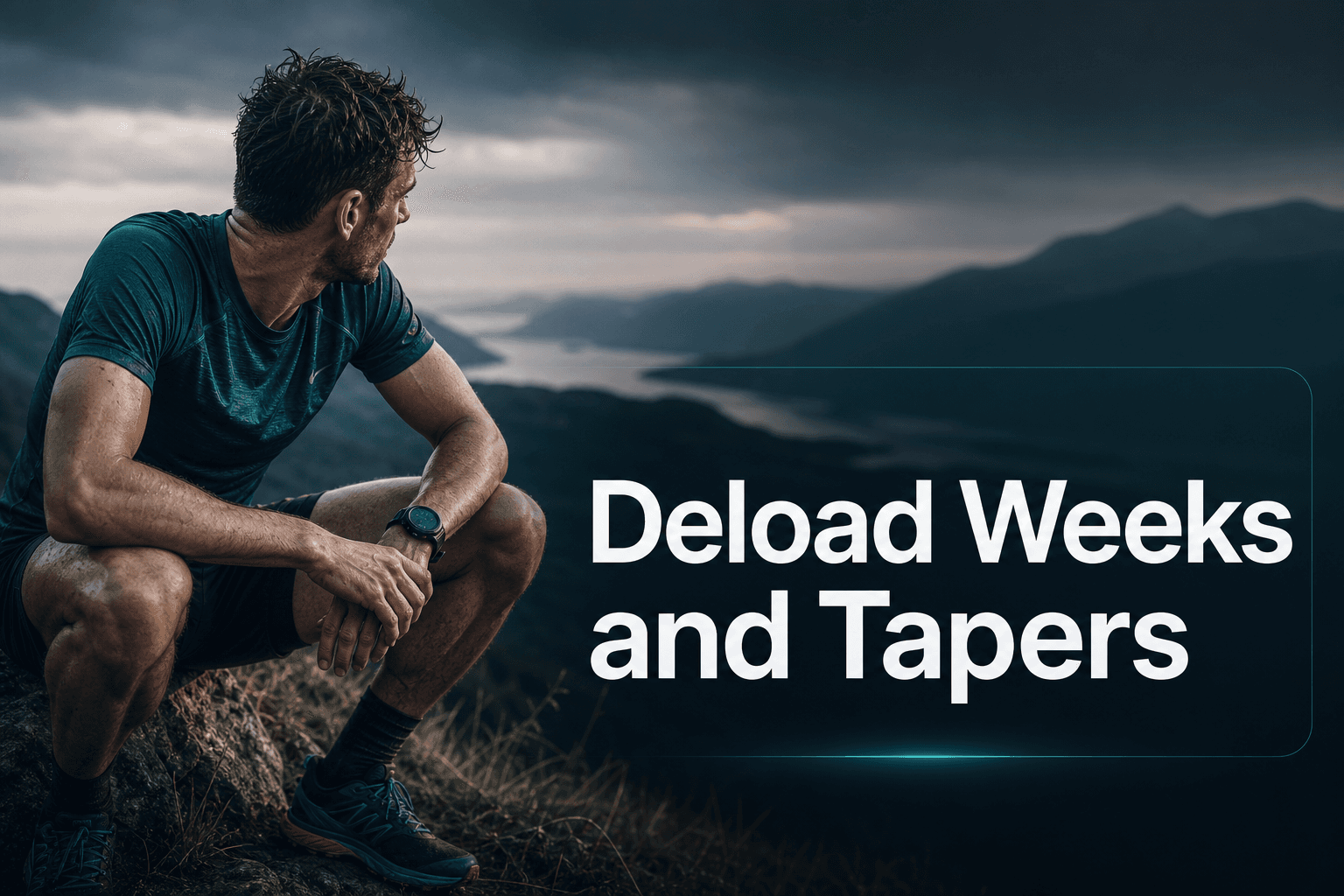 Runner resting on a mountain trail with the article title Deload Weeks and Tapers overlaid.