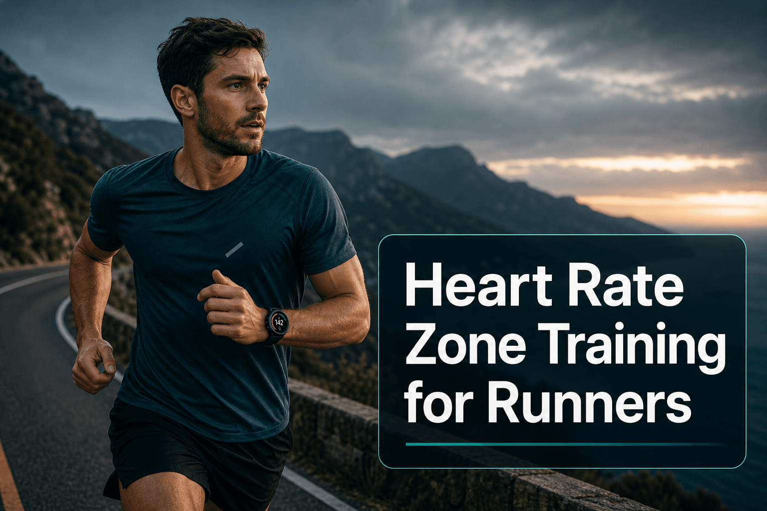 Runner on a mountain road wearing a watch with the title Heart Rate Zone Training for Runners.