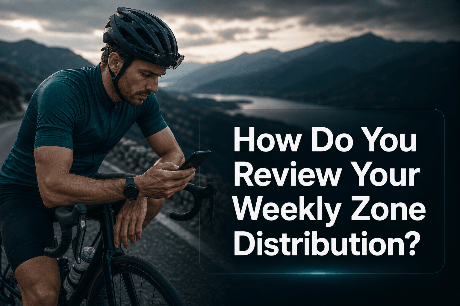 Cyclist reviewing training data on a mountain road with the article title How Do You Review Your Weekly Zone Distribution overlaid.