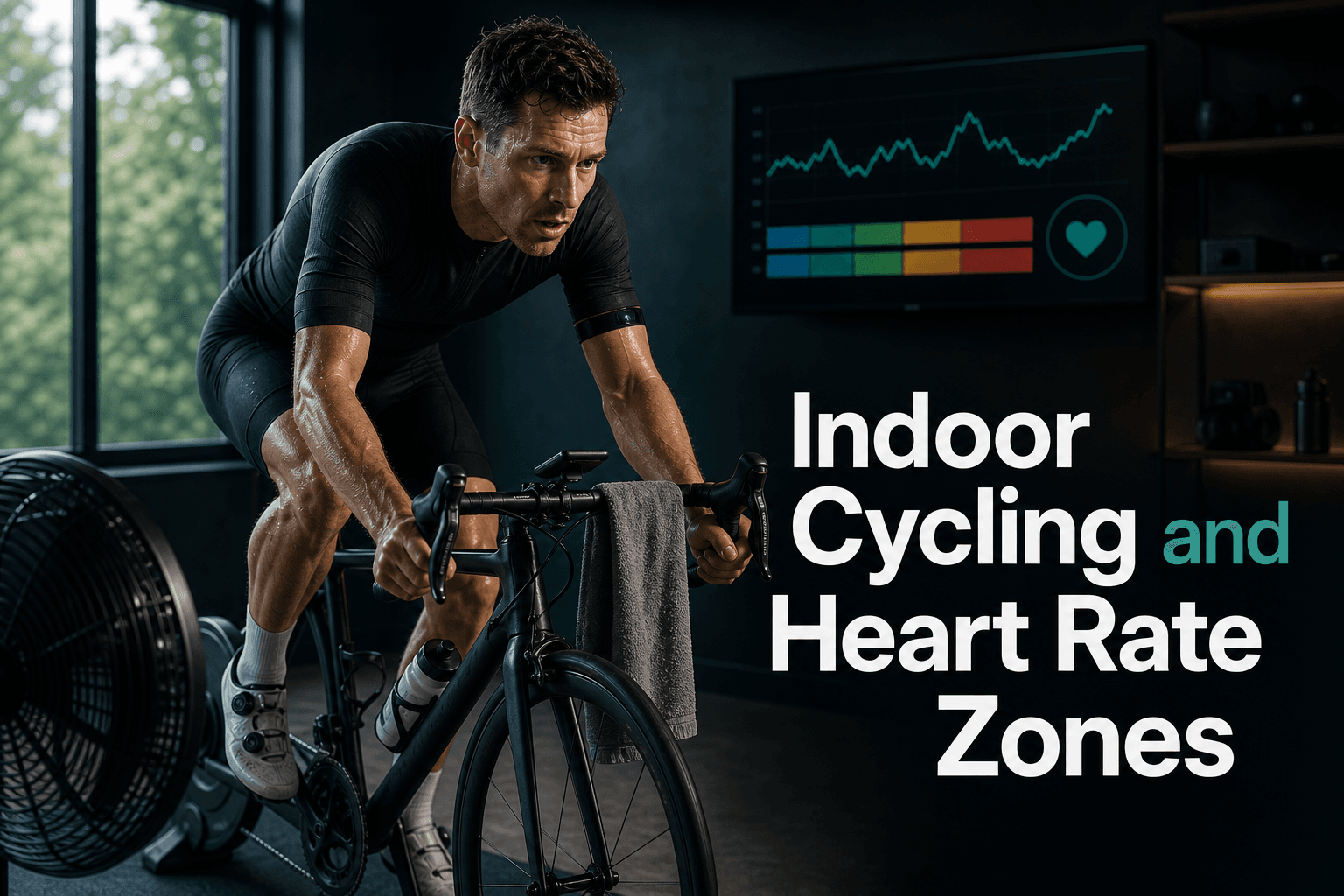 Indoor cyclist riding on a trainer beside a fan with the title Indoor Cycling and Heart Rate Zones.