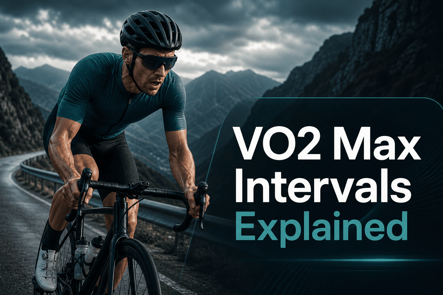 Cyclist climbing a mountain road with the article title VO2 Max Intervals Explained overlaid.