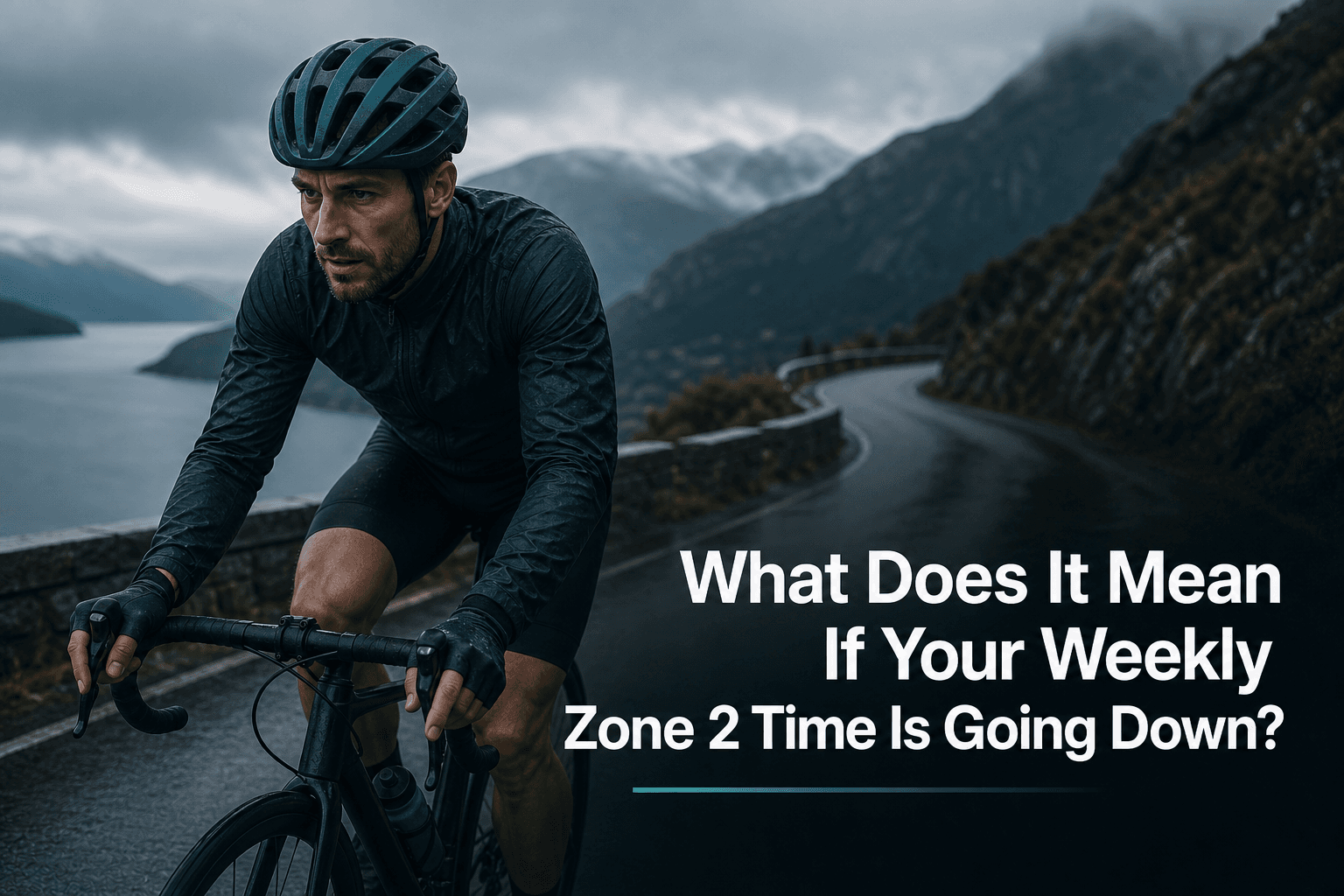 Cyclist on a mountain road with article title about weekly Zone 2 time going down.