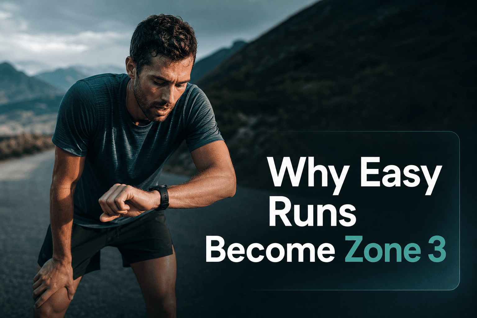 Runner checking heart rate on a mountain road with the title Why Easy Runs Become Zone 3.