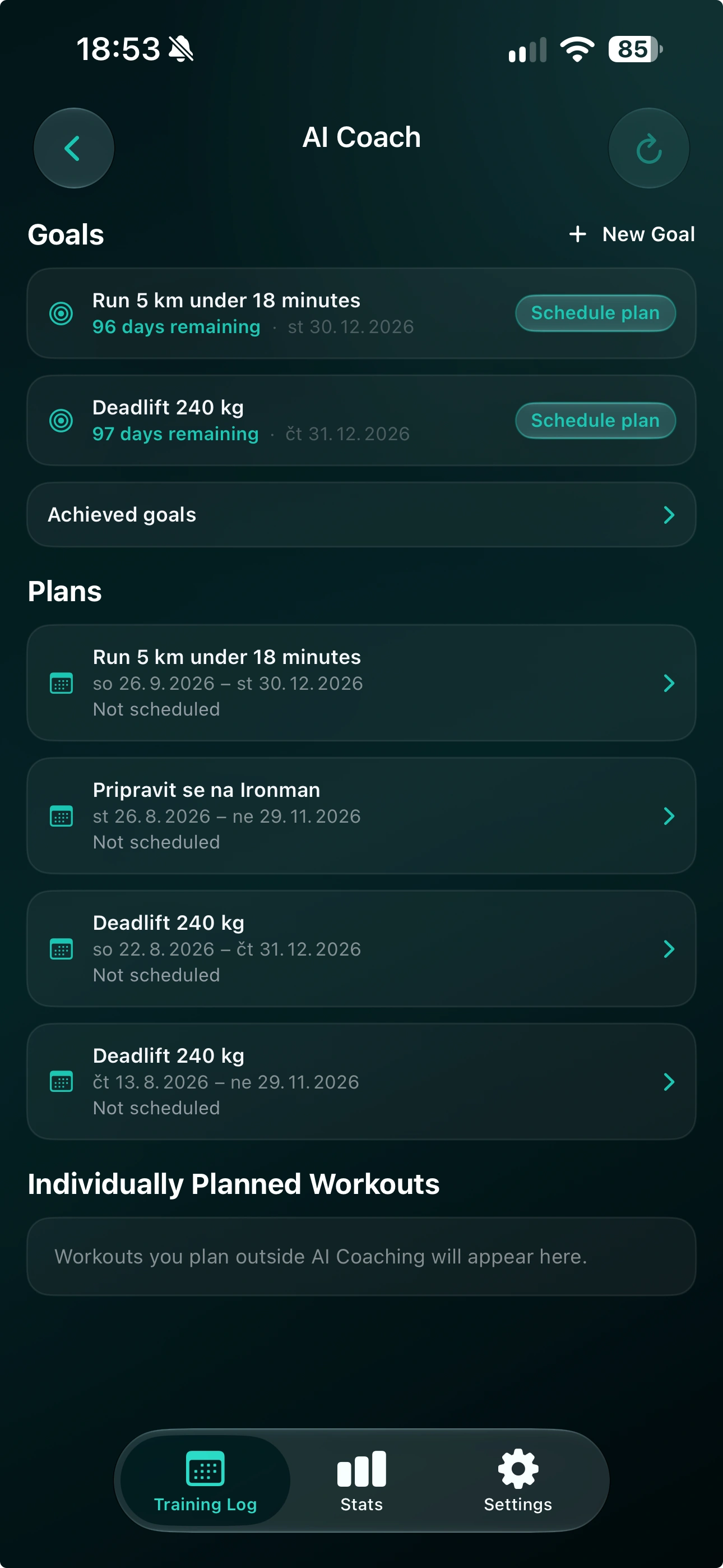 AI Coach with running and deadlift goals, personalized coaching plans, and scheduling controls