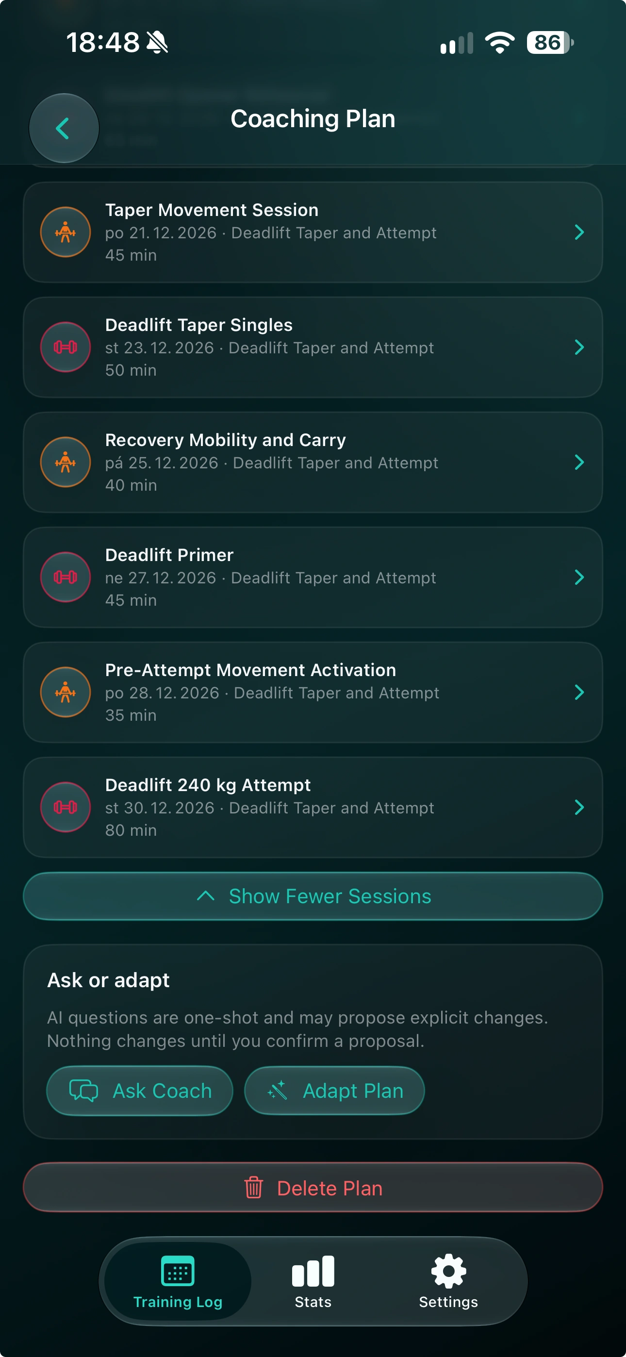 Personalized strength plan with deadlift taper sessions and a 240 kg attempt