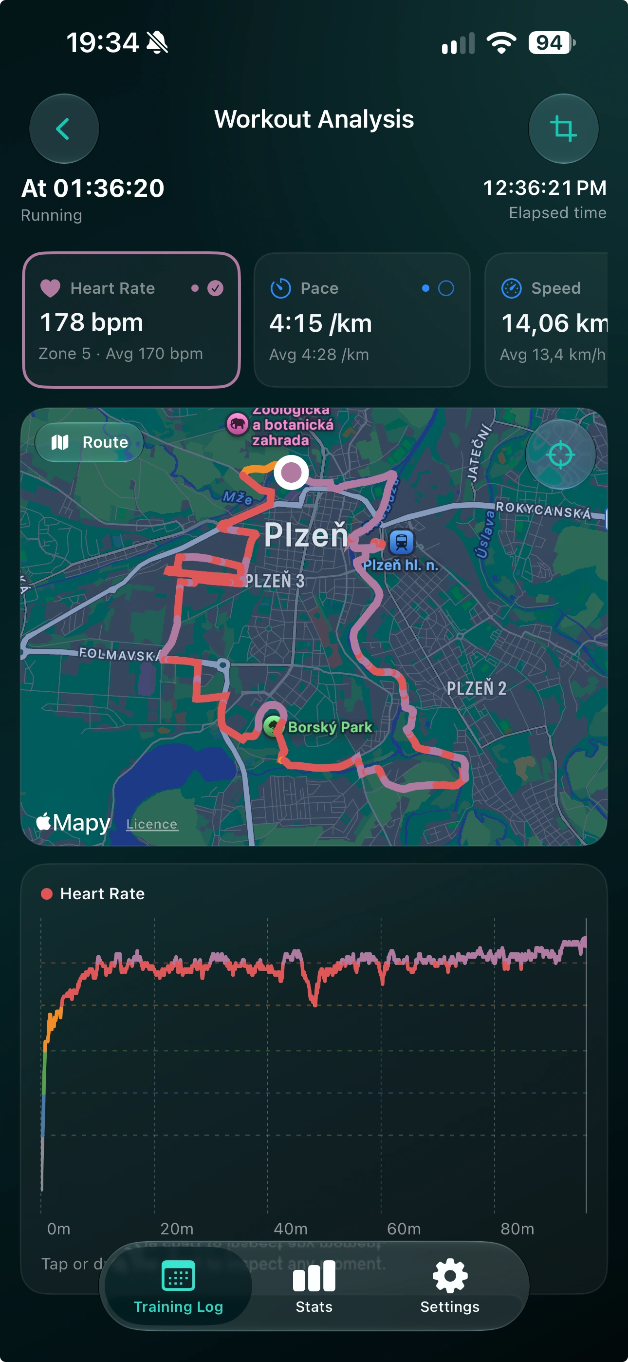 Workout Analysis with a running route, pace, and heart-rate chart colored by training zone