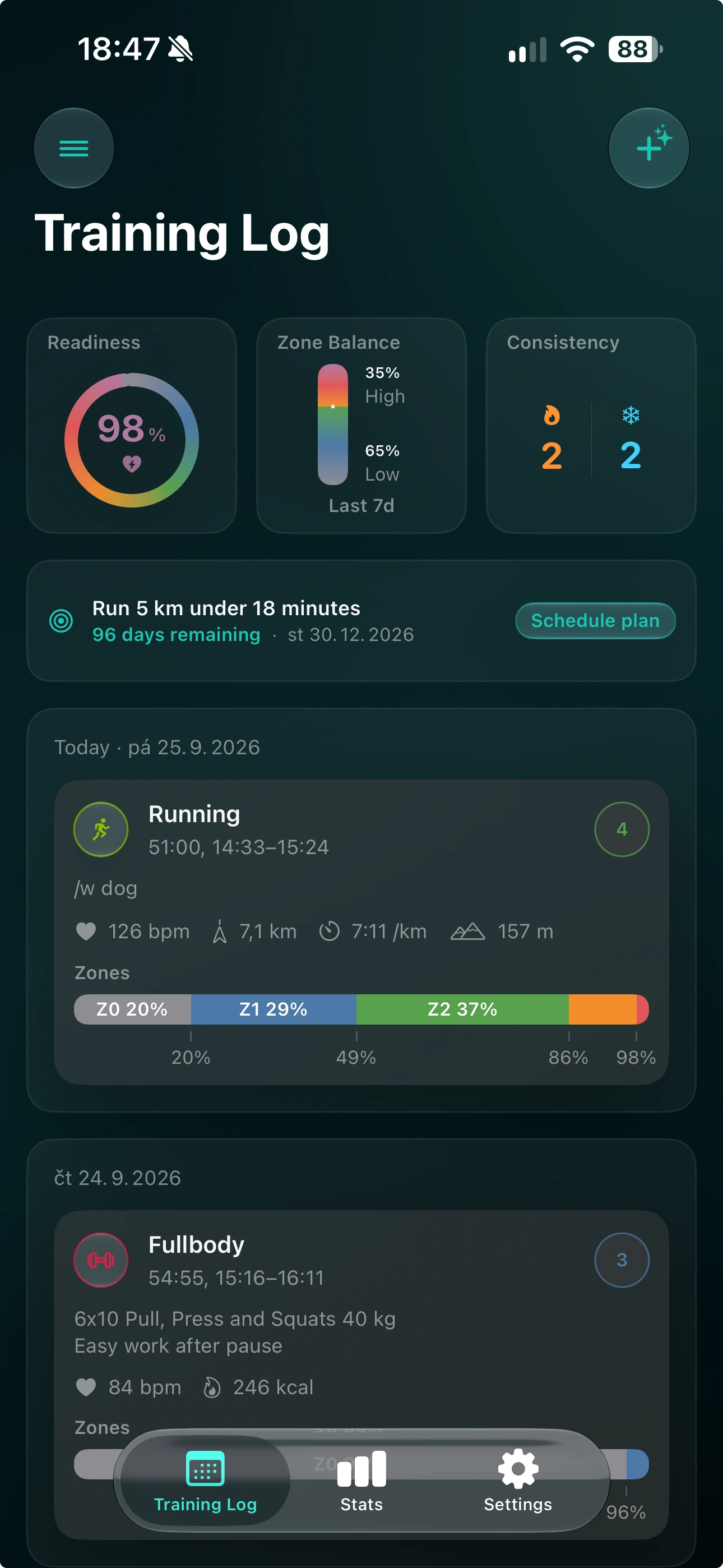 Zone Training Log on iPhone, showing readiness, zone balance, consistency, a running goal, and a daily workout timeline