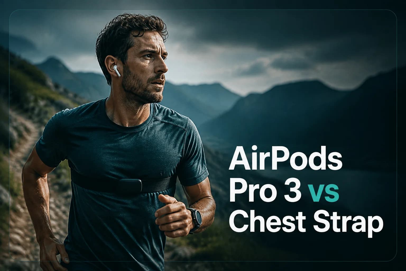 Runner wearing in-ear workout earbuds and a chest strap beside the title AirPods Pro 3 vs Chest Strap.