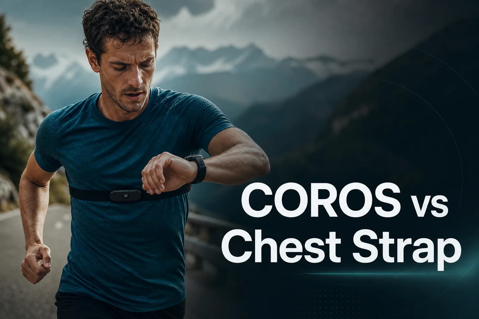 Trail runner comparing wrist and chest heart-rate sensors beside the title COROS vs Chest Strap.