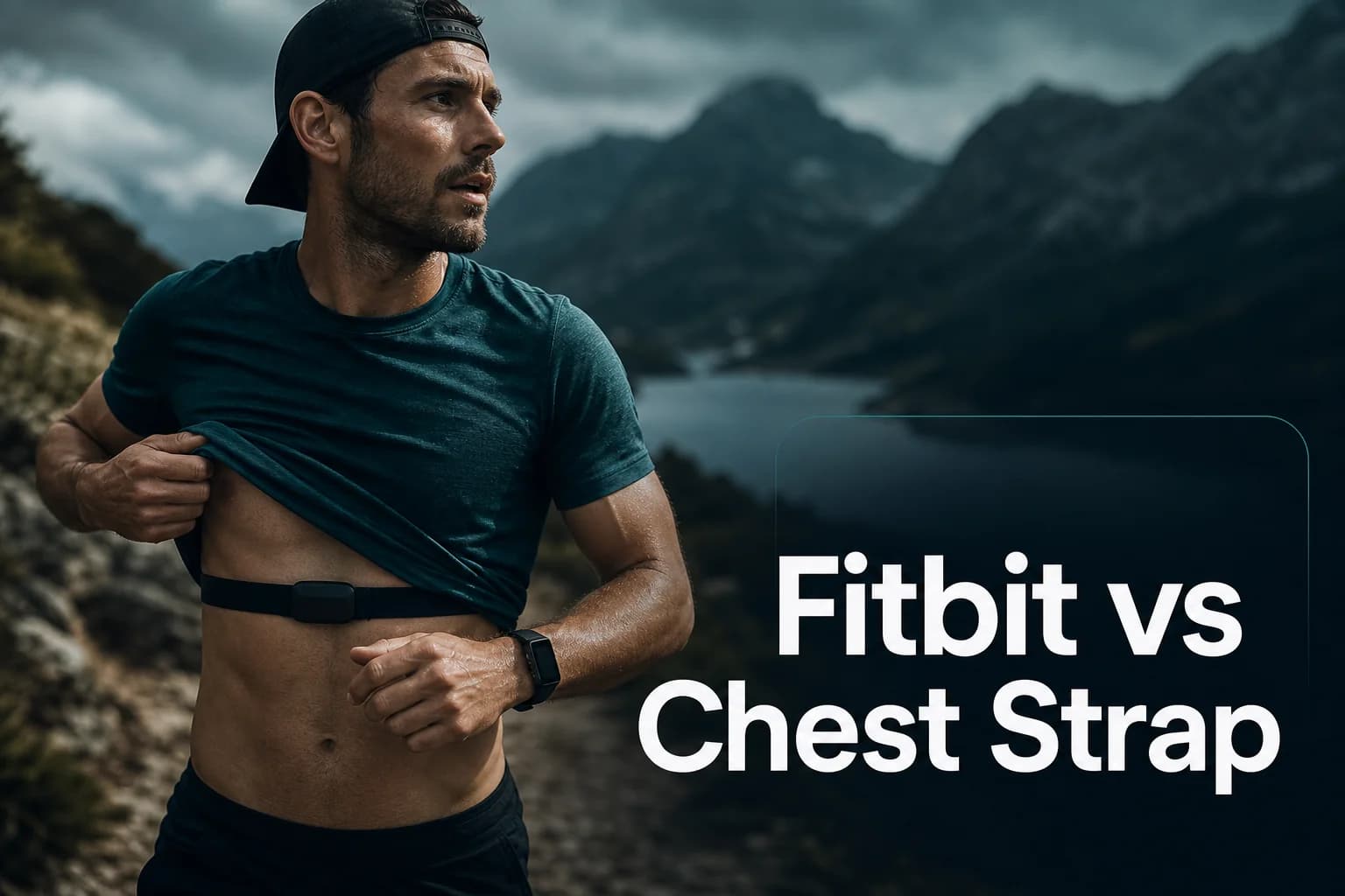 Everyday runner comparing wrist and chest heart-rate sensors beside the title Fitbit vs Chest Strap.
