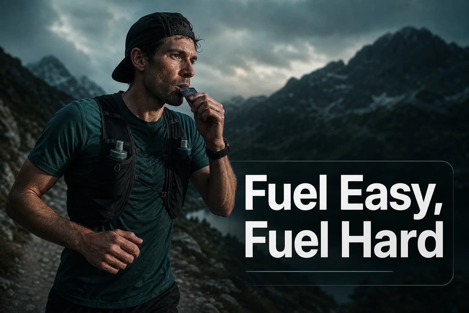 Endurance athlete preparing fuel before training beside the title Fuel Easy, Fuel Hard.