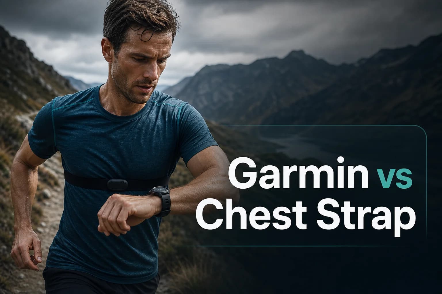 Runner checking a sports watch beside the title Garmin vs Chest Strap.