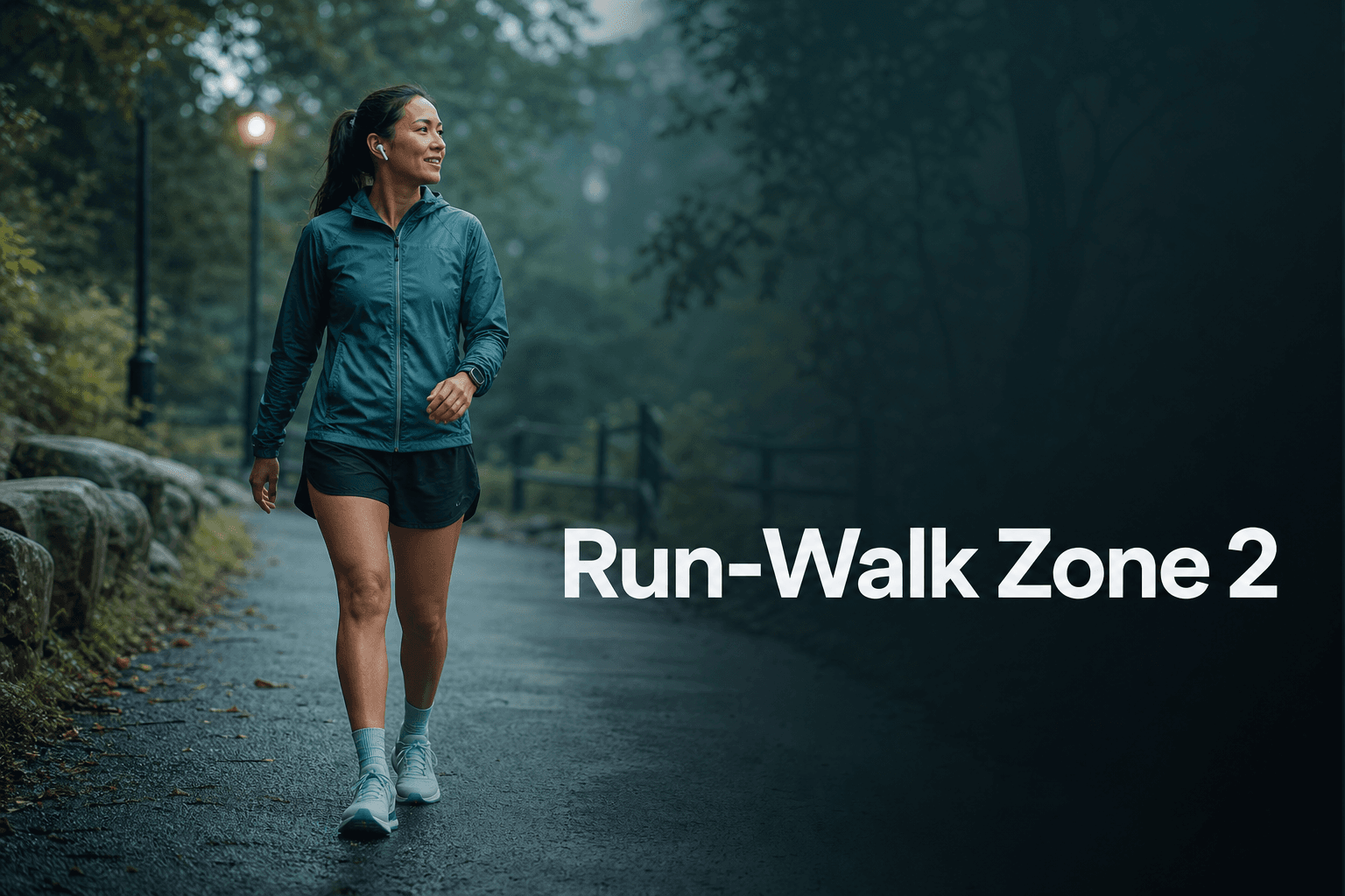 Recreational runner using a purposeful walking interval with the title Run-Walk Zone 2.
