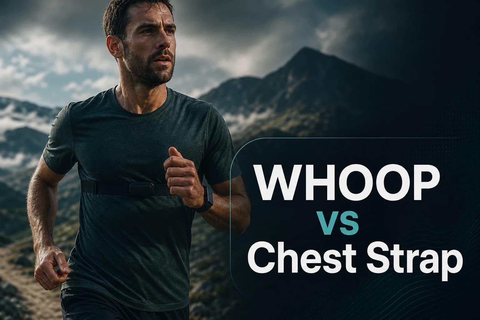 Athlete wearing a screenless fitness band and chest sensor beside the title WHOOP vs Chest Strap.