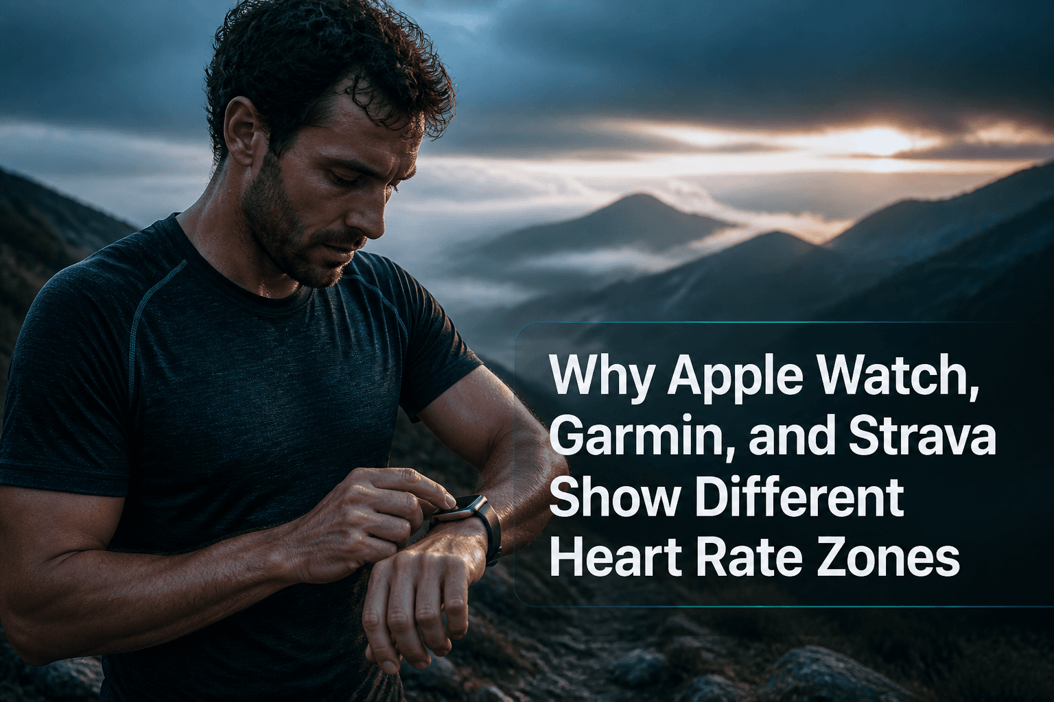 Runner comparing heart-rate zone summaries with the title Why Apple Watch, Garmin, and Strava Show Different Heart Rate Zones.