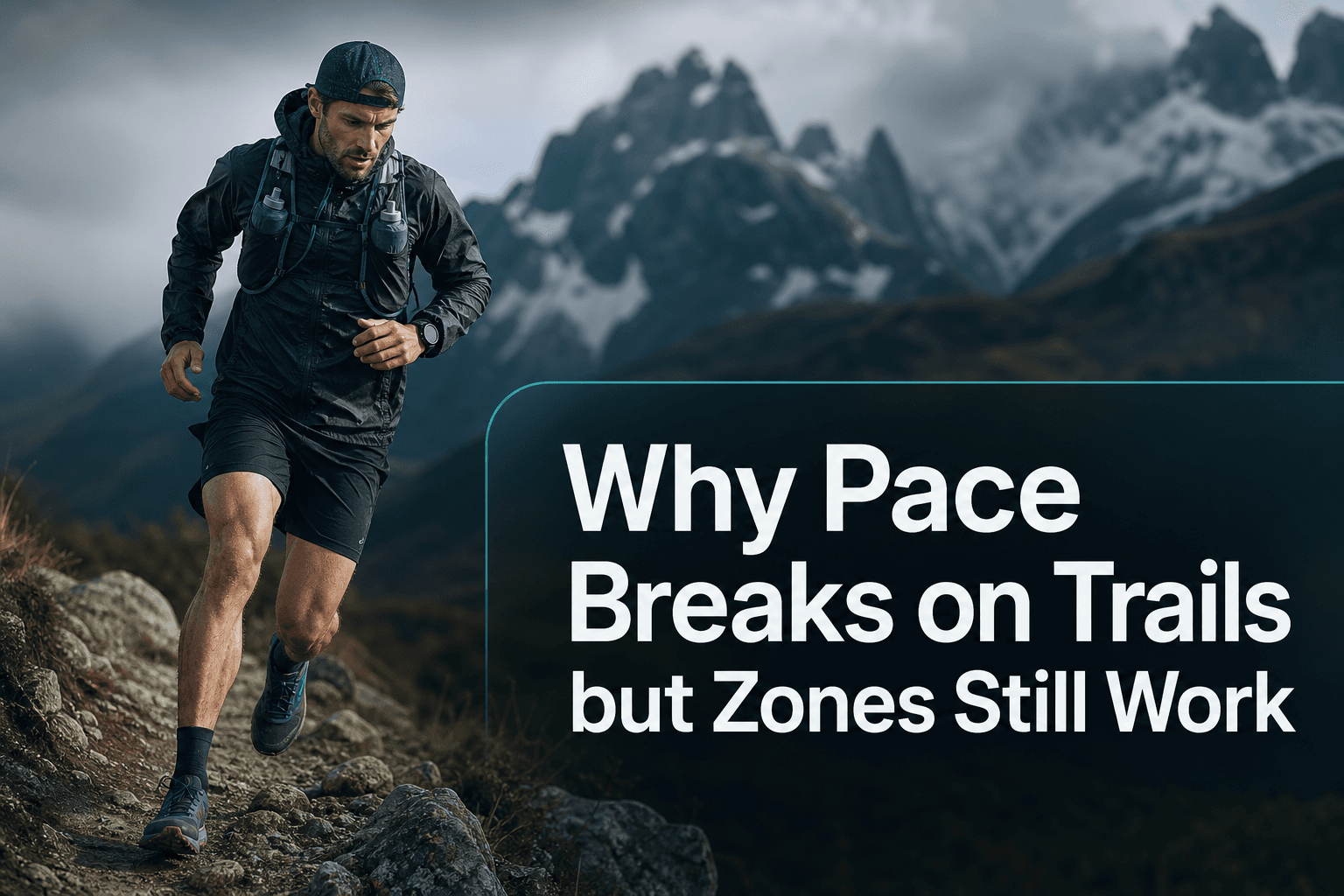 Trail runner moving across rocky mountain terrain with the title Why Pace Breaks on Trails but Zones Still Work.