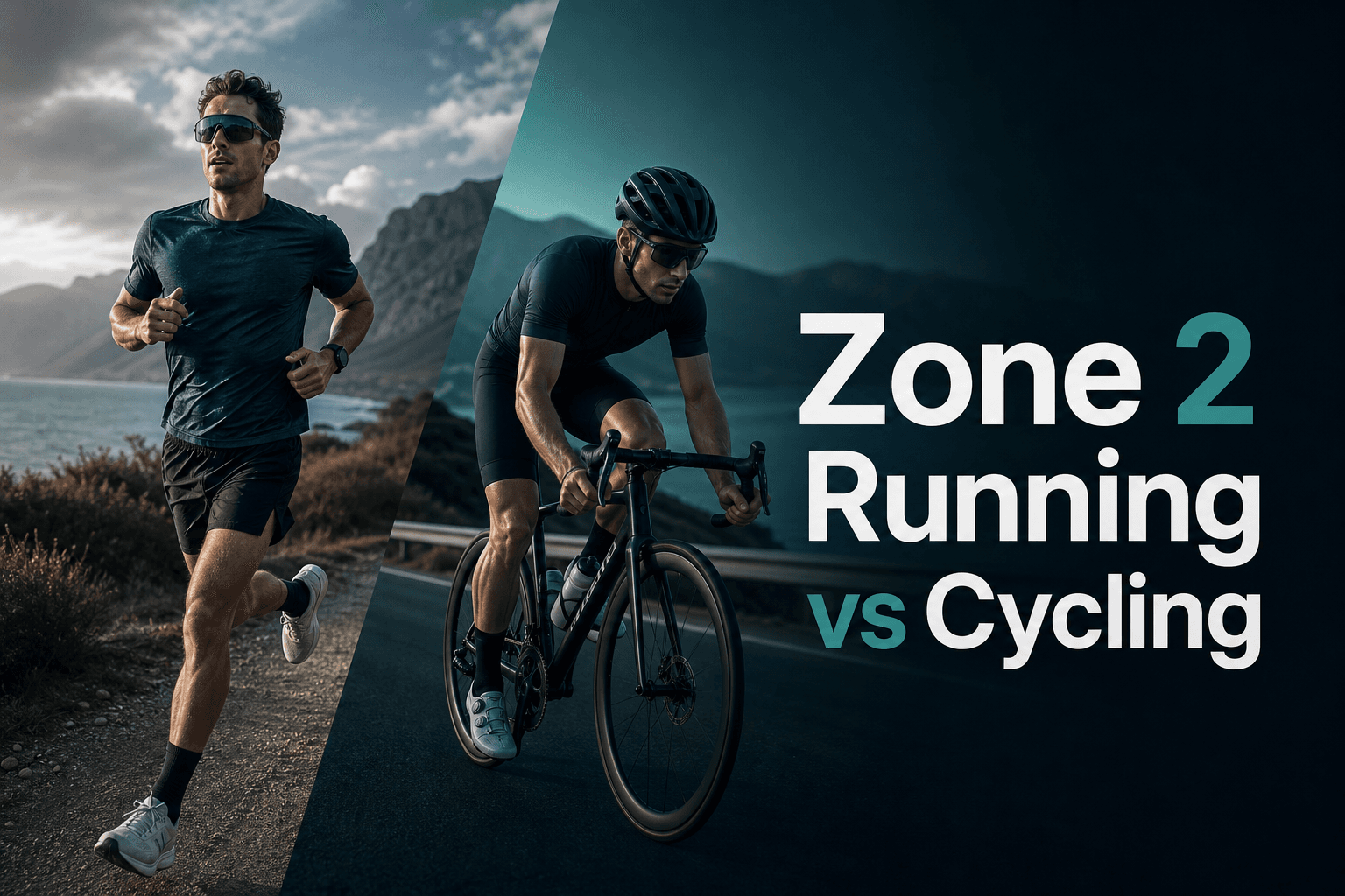 Runner and cyclist training outdoors with the title Zone 2 Running vs Cycling.
