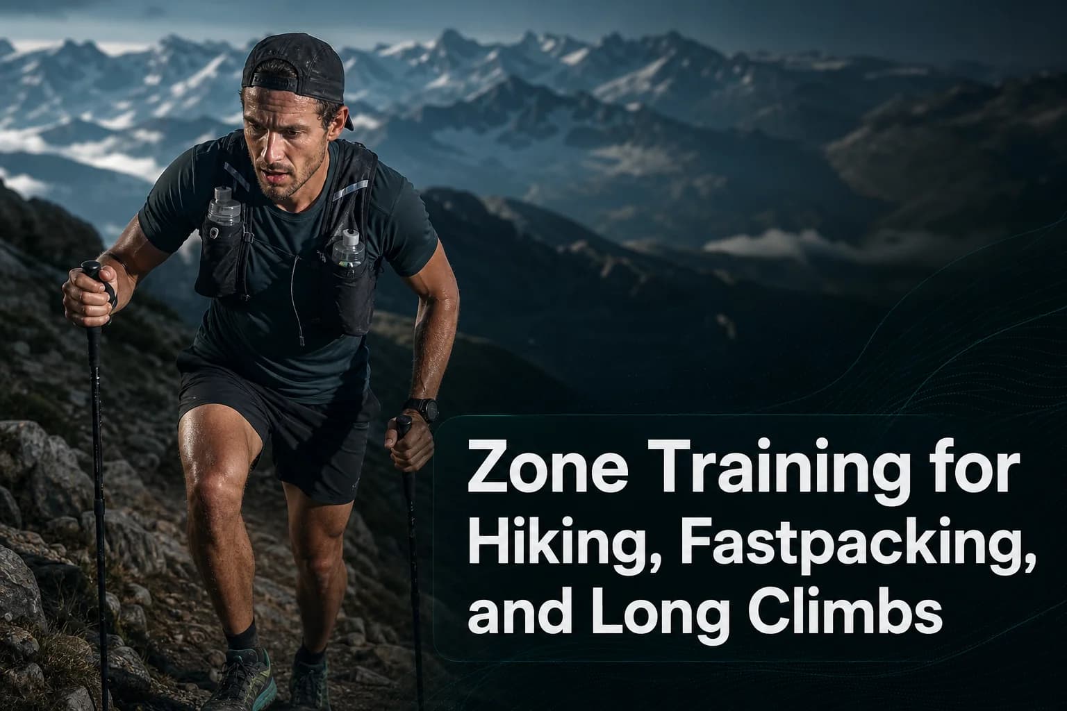 Fastpacker climbing a mountain trail with trekking poles and the title Zone Training for Hiking, Fastpacking, and Long Climbs.