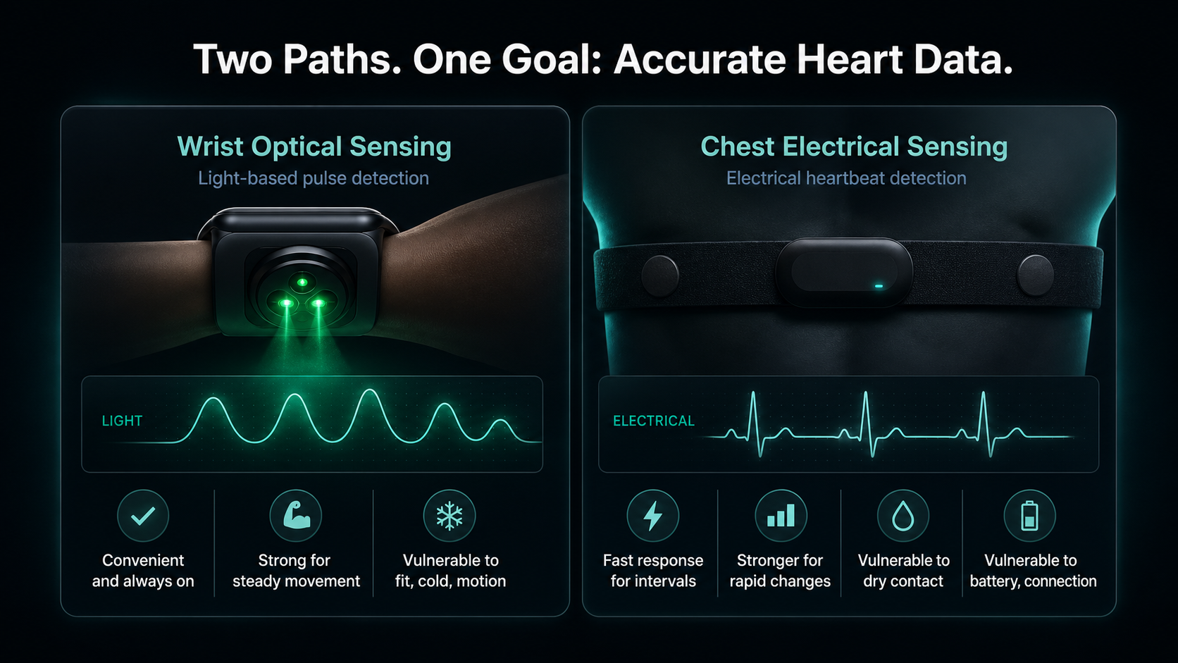 Infographic comparing optical wrist sensing with electrical chest-strap sensing and their common failure modes.