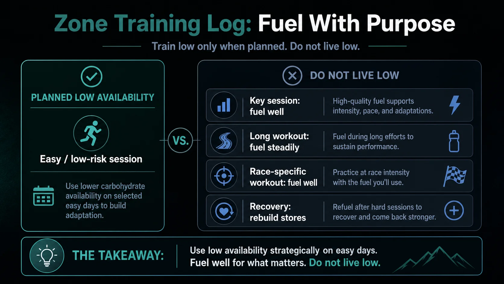 Infographic contrasting targeted low-carbohydrate availability with chronic under-fueling and showing where key sessions need support.