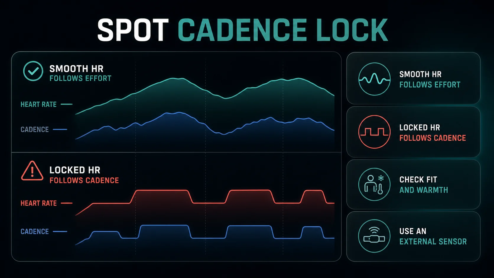 Infographic contrasting a smooth physiological heart-rate curve with a flat cadence-locked trace and an electrical chest-strap reference.