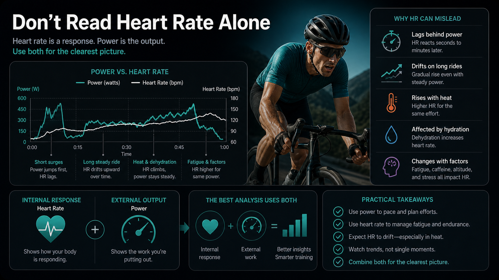Infographic comparing cycling heart rate with power and showing why both are useful.
