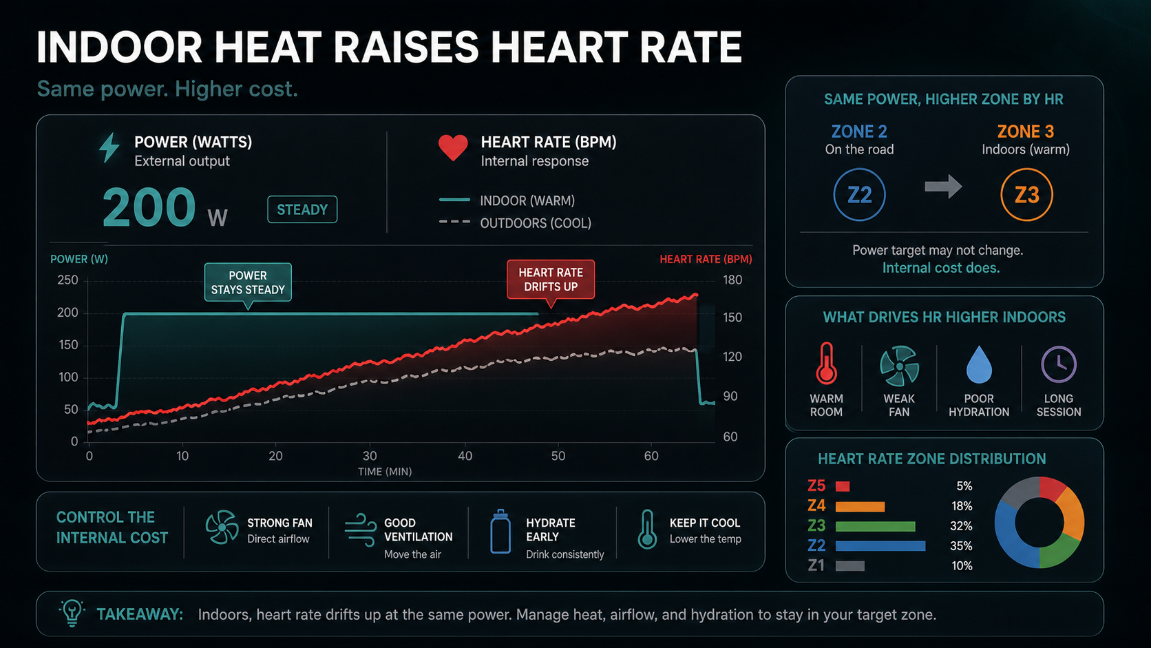 Infographic showing how indoor heat can raise heart rate at the same cycling power.