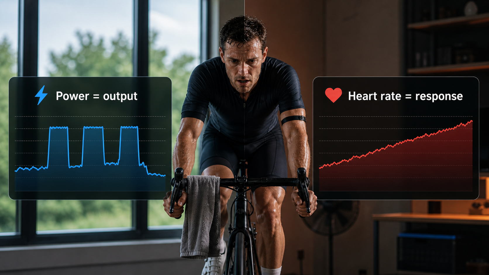 Cyclist on an indoor trainer with split charts showing power as output and heart rate as response.