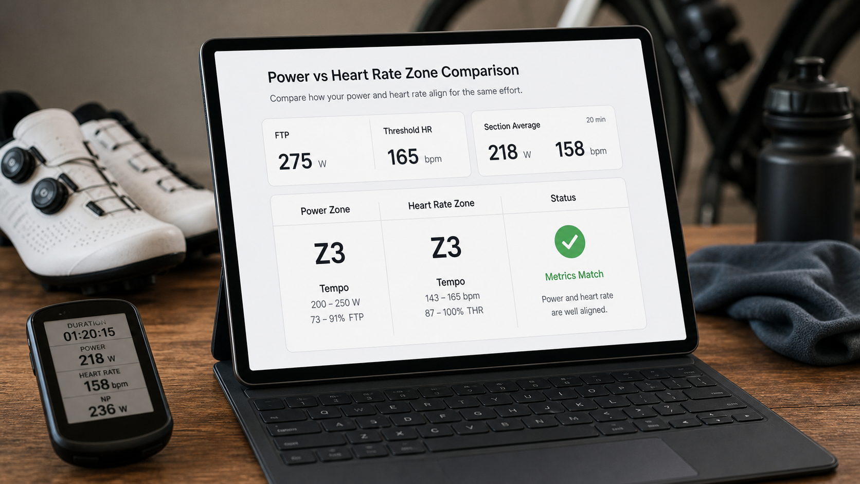 Tablet dashboard showing a power zone and heart-rate zone comparison for the same cycling effort.