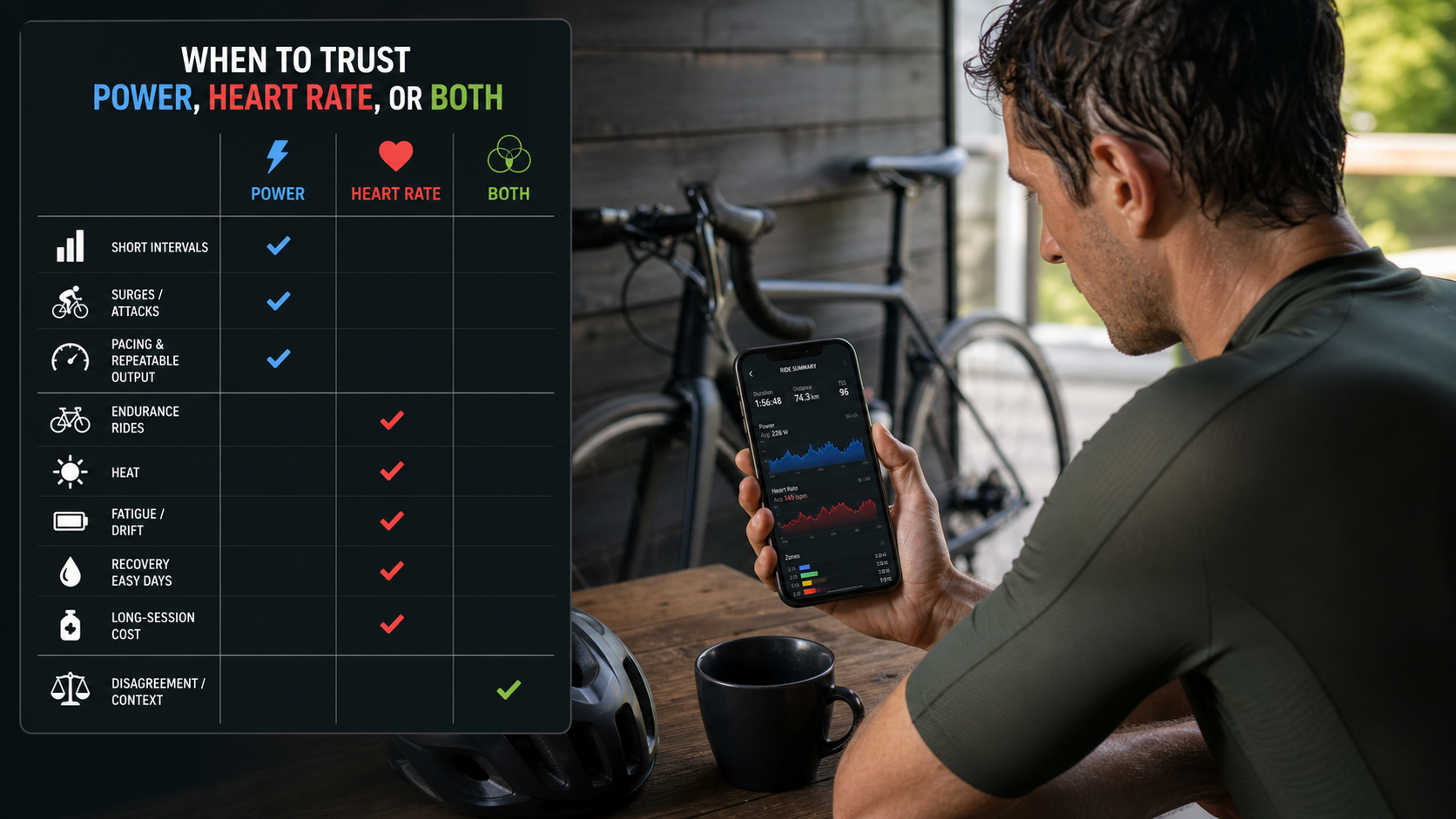 Cyclist reviewing a ride with a decision matrix for when to trust power, heart rate, or both.