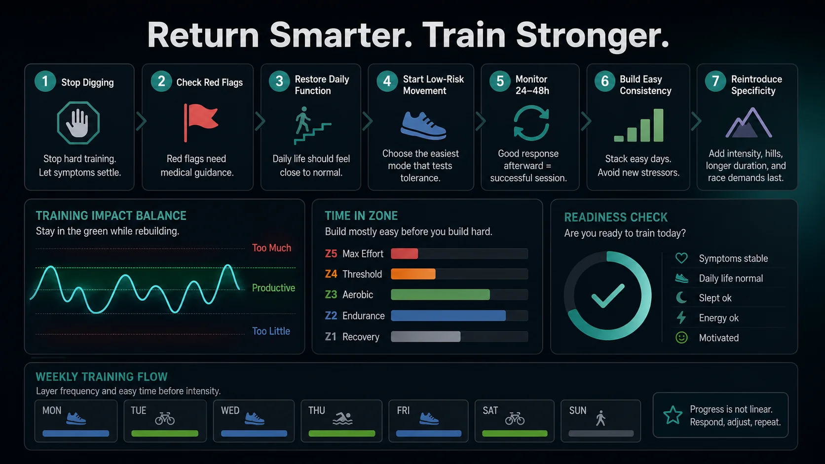 Infographic showing the seven-step return framework as a compact checklist.