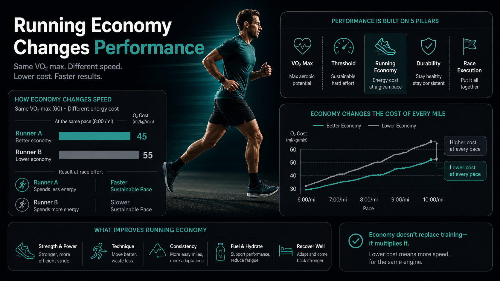 Infographic showing how running economy changes performance at the same VO2 max.
