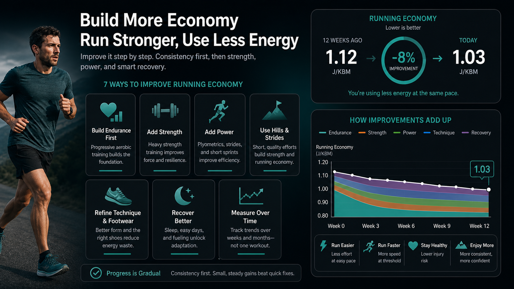 Infographic showing evidence-informed ways to improve running economy.