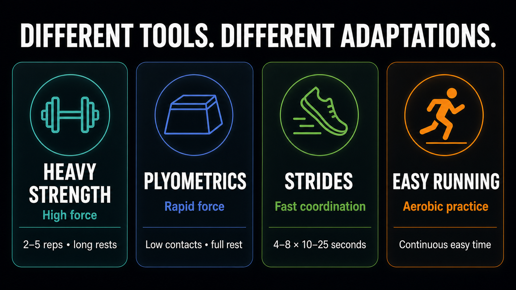 Infographic comparing the roles and typical doses of heavy strength, plyometrics, strides, and easy running.