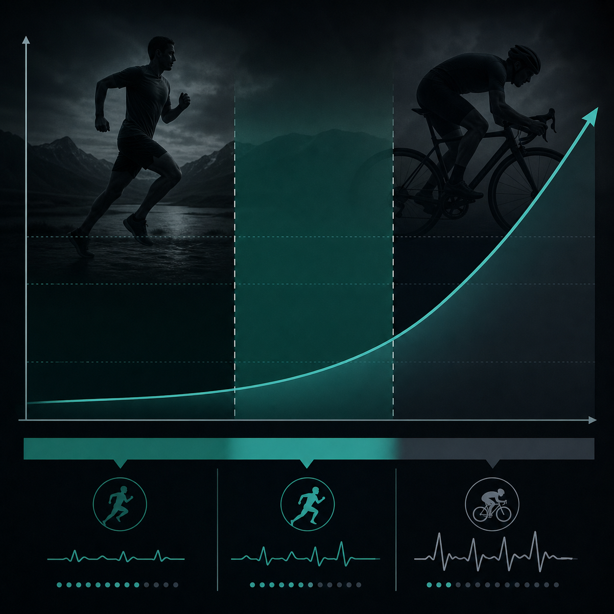 Dark editorial infographic showing lactate rising across easy, threshold, and above-threshold effort regions
