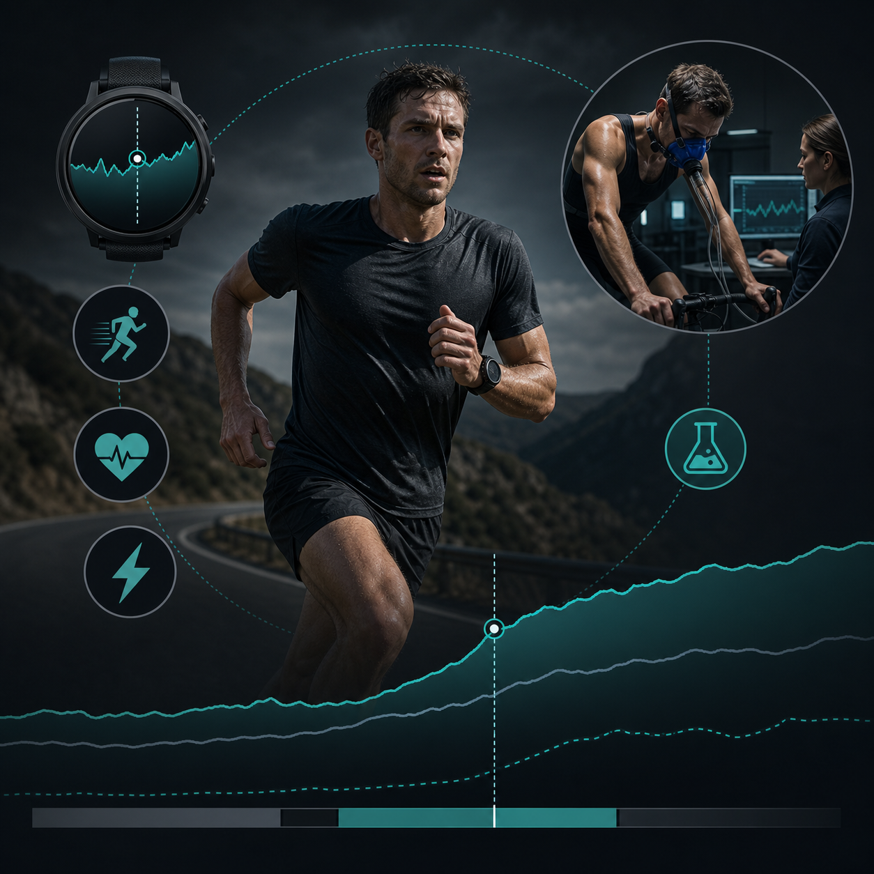 Editorial infographic showing a runner, sports watch, lab mask, and abstract threshold testing data