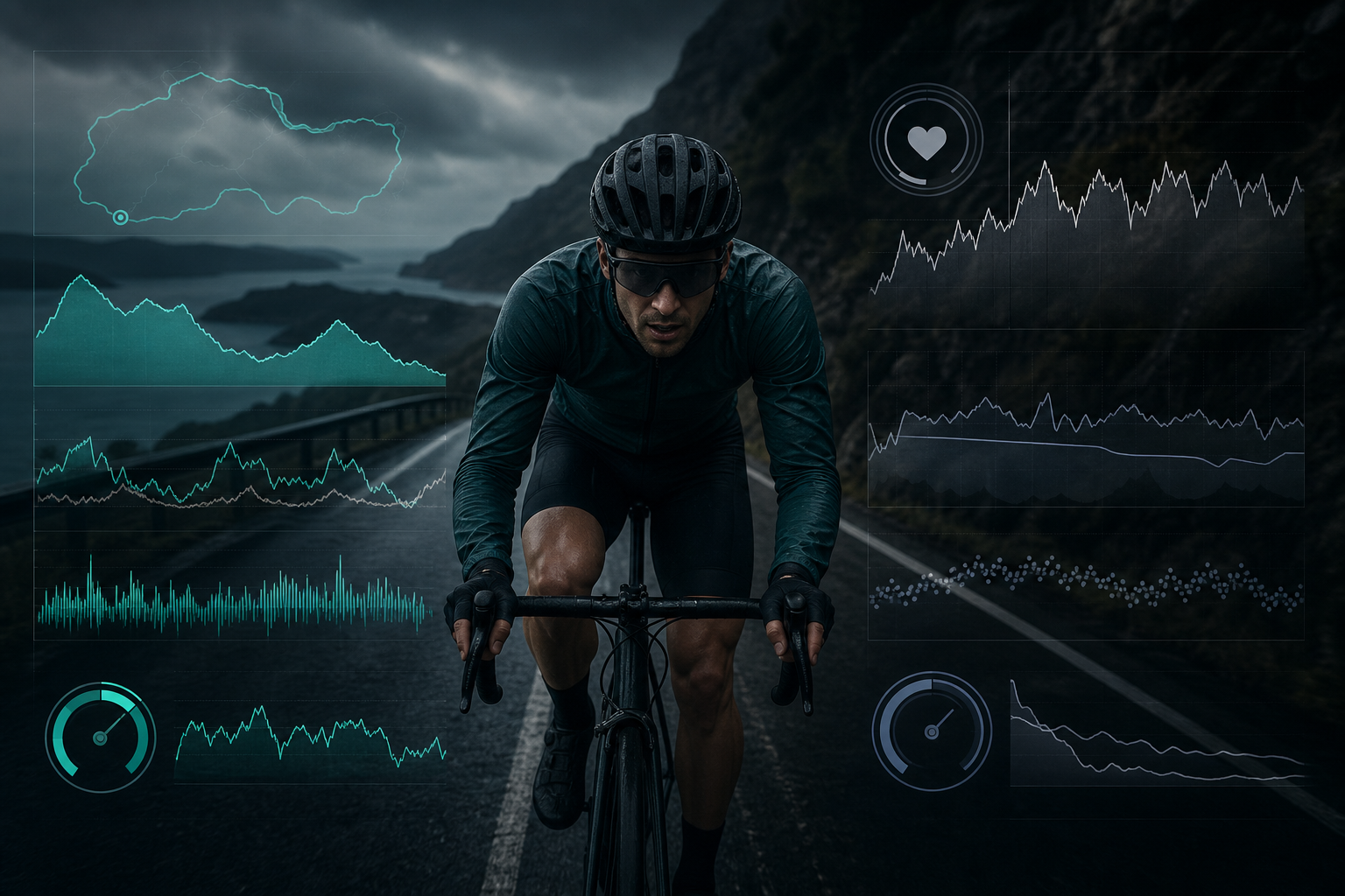Cyclist riding through mountains with abstract training signals showing work performed and body response
