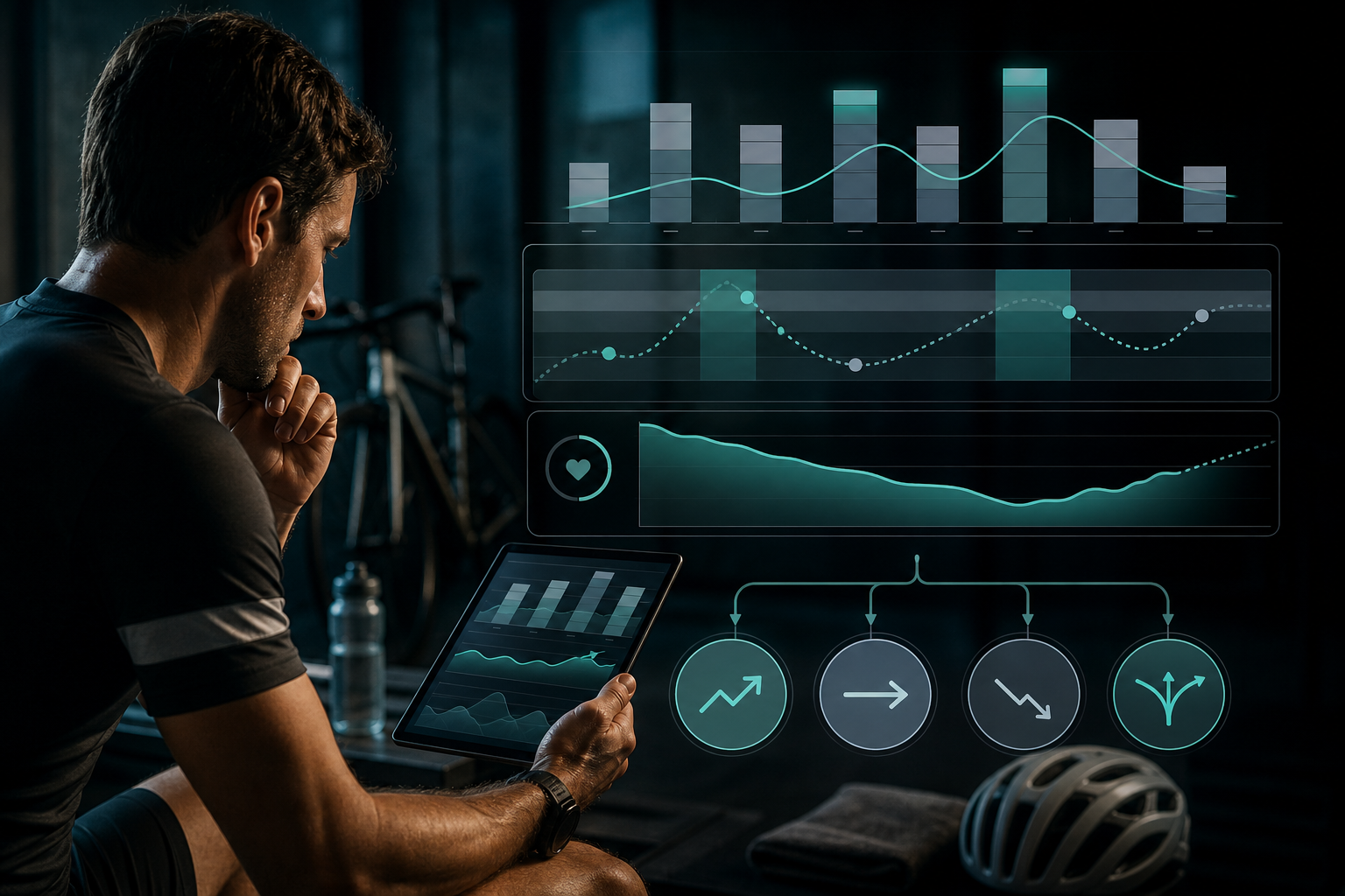 Athlete reviewing weekly training data with abstract charts for load, fatigue, recovery, and training decisions