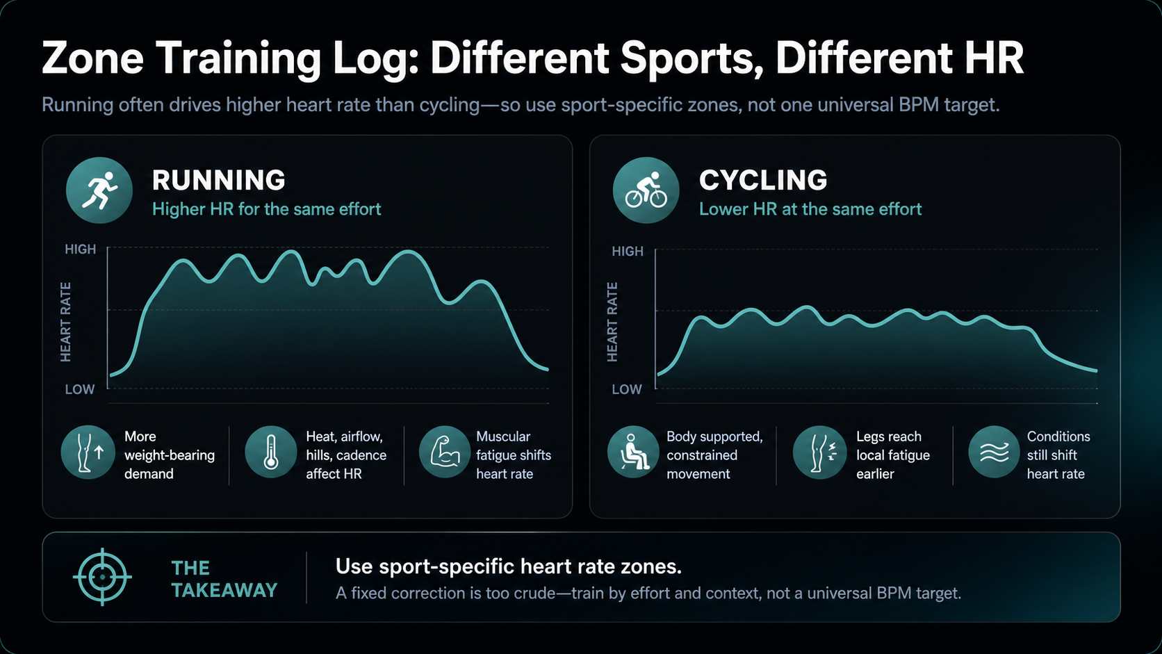 Infographic comparing the main reasons Zone 2 heart rate can differ between running and cycling.